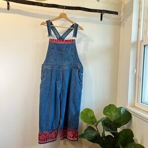 Agapo Vintage 90s Cotton Blue Denim Bandana Trim Cropped Overalls Size Medium